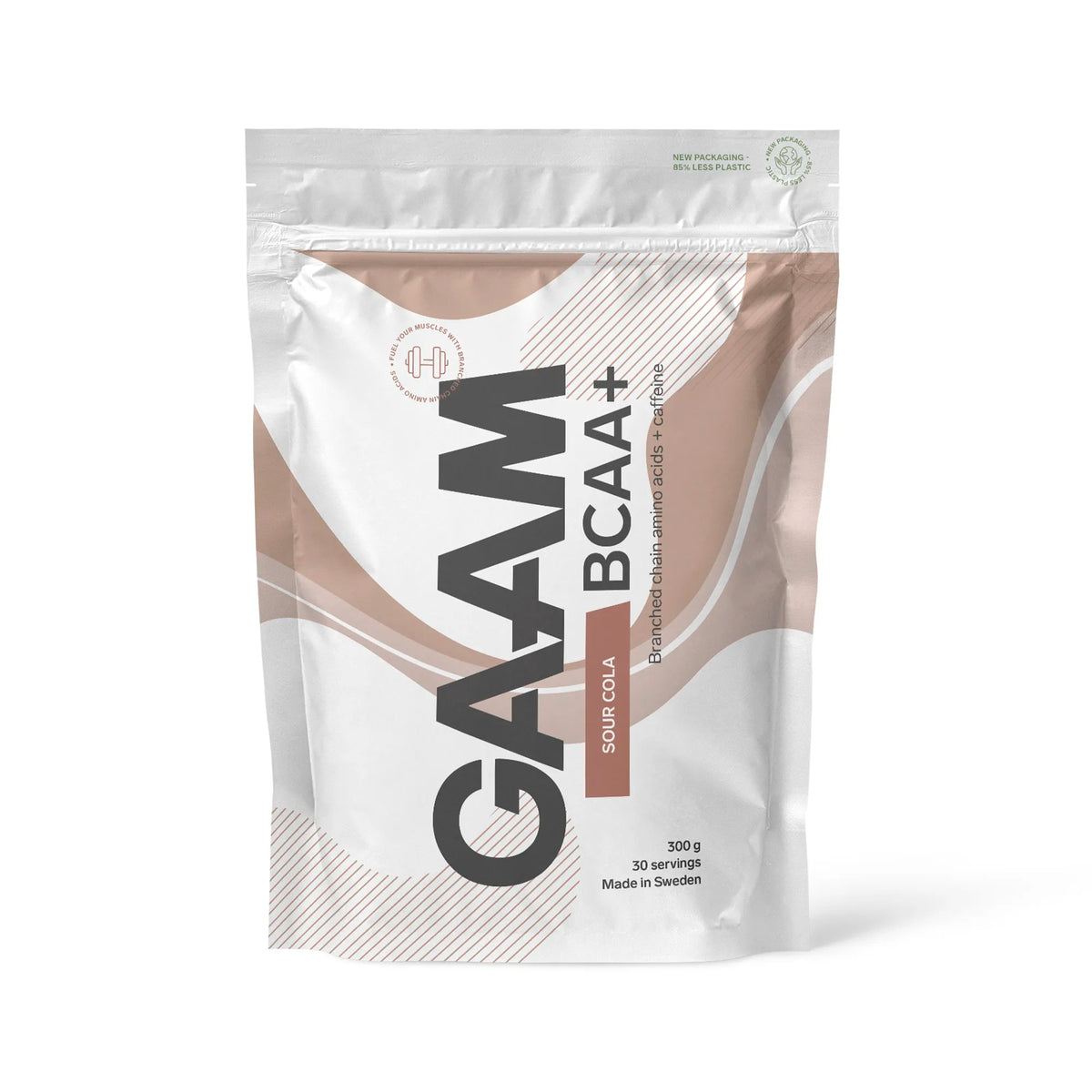 GAAM BCAA + Caffeine 300 g aminosyrapulver i en vit påse med bruna detaljer för smaken Sour Cola., bild 2 av 2