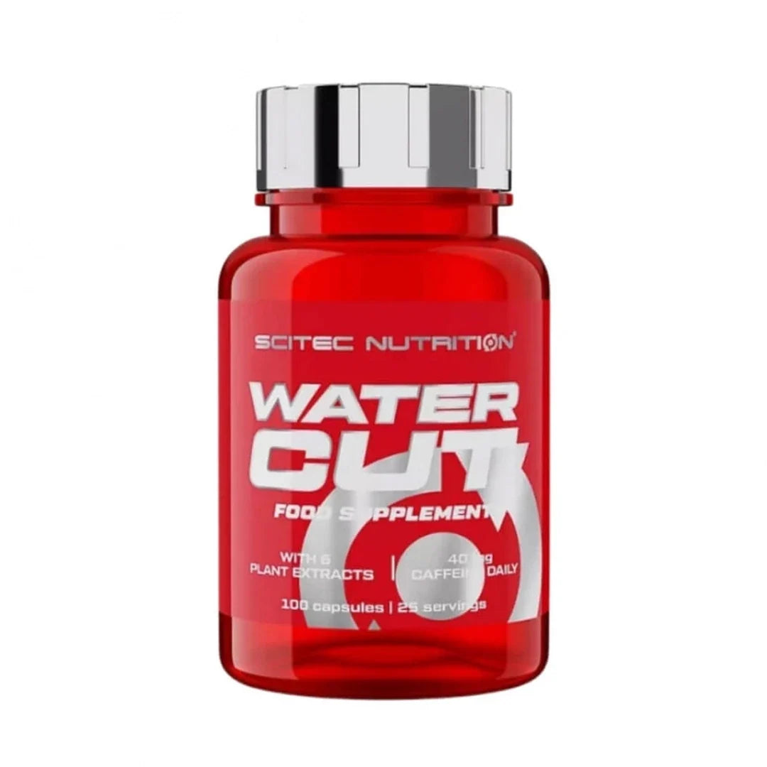 Scitec Nutrition Water Cut 100 caps vätskedrivande kosttillskott i en röd burk med silverlock.