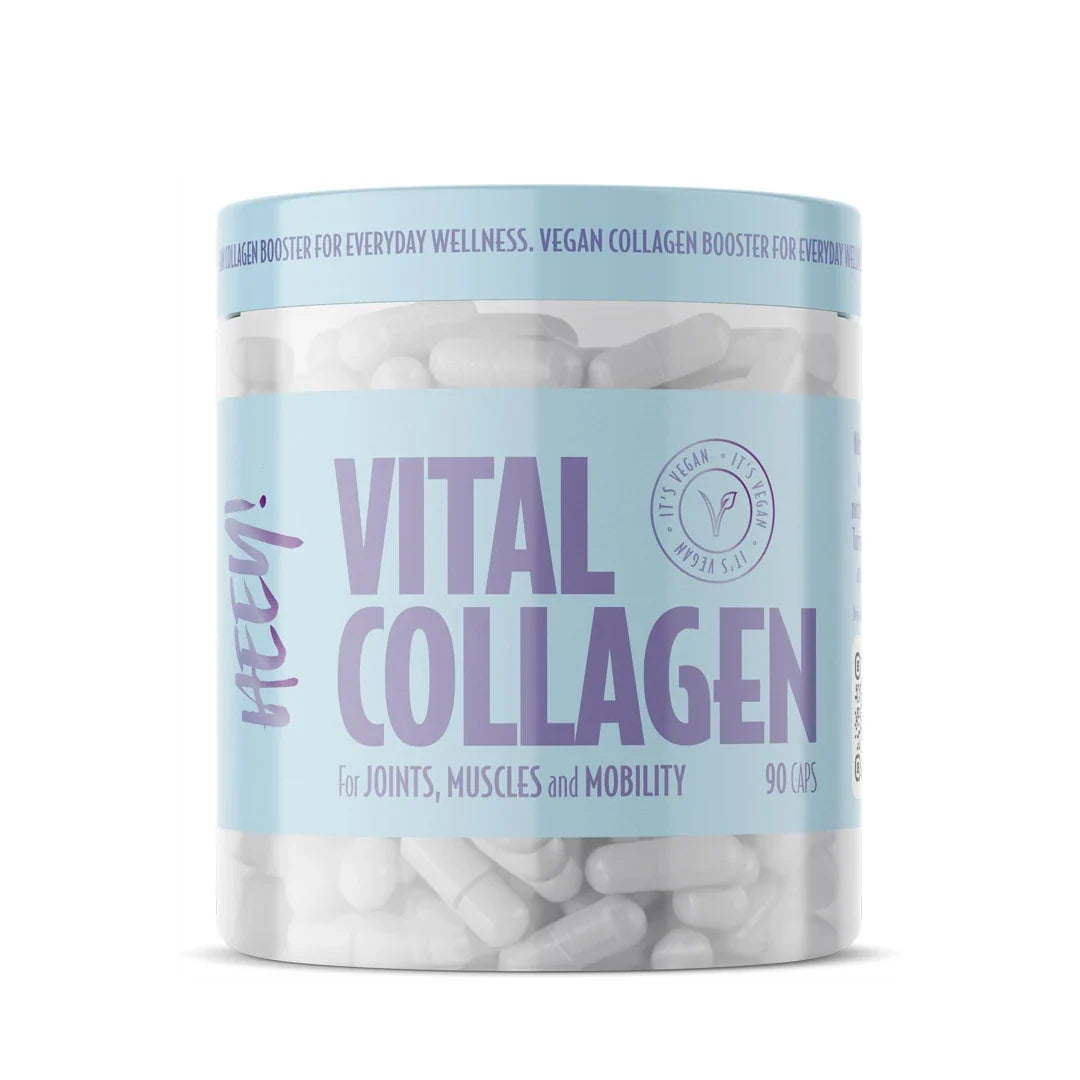 Heey! Vital Collagen + Mineraler 90 kapslar i en genomskinlig burk med ljusblå etikett och lila text., bild 1 av 1