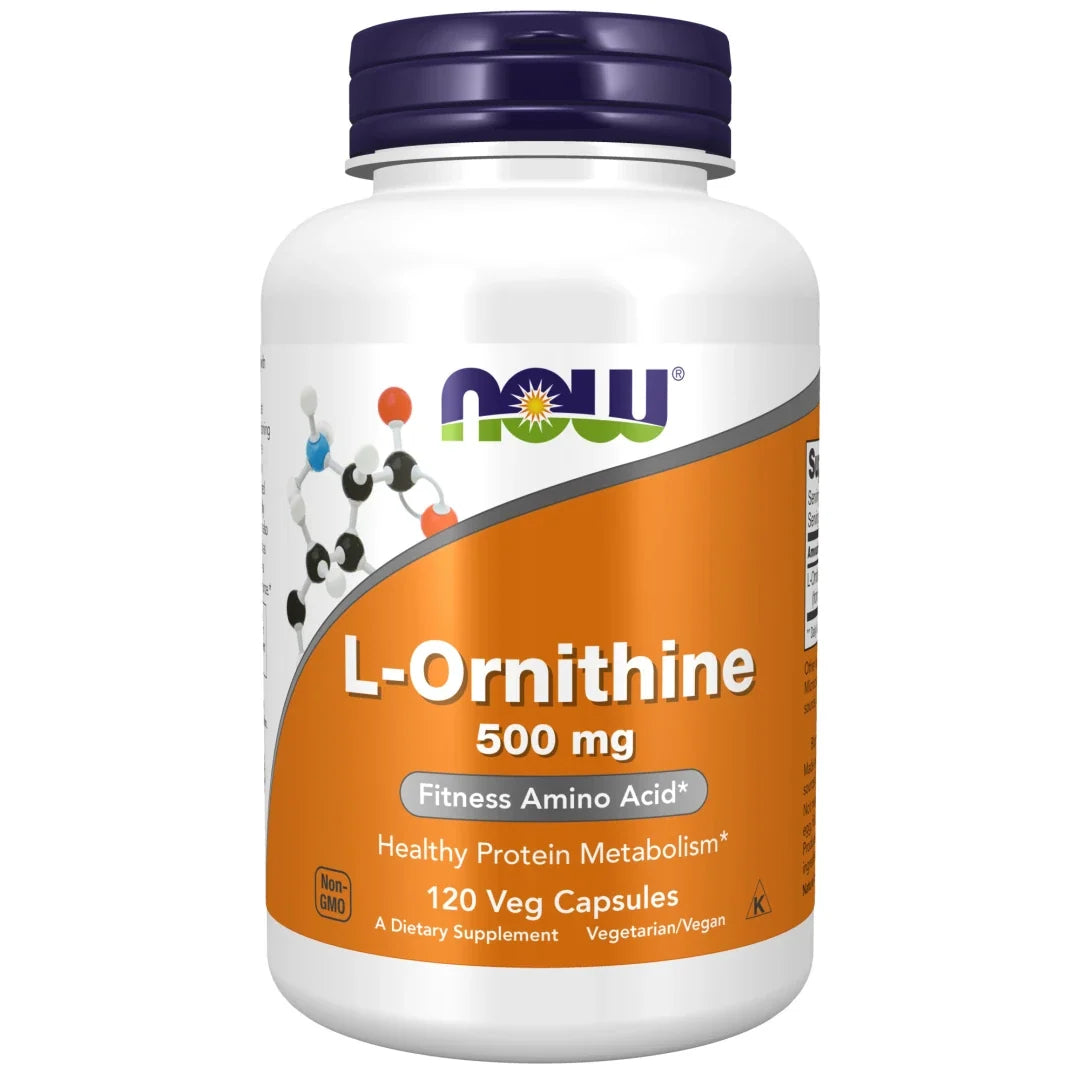 NOW L-Ornithine 500 mg 120 caps i en vit burk med orange etikett och ett mörklila lock., bild 1 av 1
