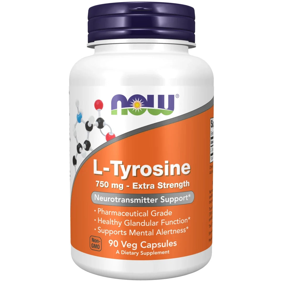 NOW L-Tyrosine 750 mg 90 caps förpackad i en vit burk med orange etikett och mörkblått lock.
