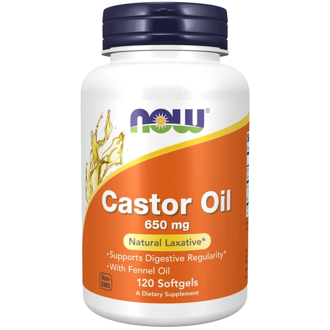 NOW Castor Oil 120 caps i en vit burk med mörkblått lock och orange etikett., bild 1 av 1