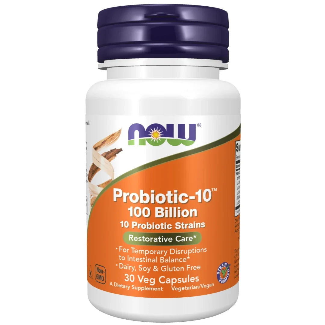 NOW Probiotic-10 100 billion 30 caps kosttillskott i en vit plastburk med mörkblått lock och orange etikett., bild 1 av 1