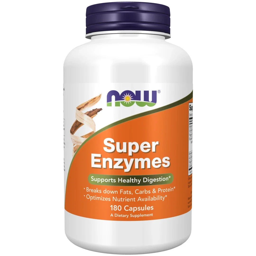 NOW Super Enzymes 180 caps i en vit burk med orange etikett och mörkblått lock., bild 1 av 1