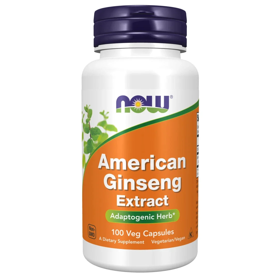 NOW American Ginseng 100 caps i en vit burk med lila lock och orange etikett., bild 1 av 1