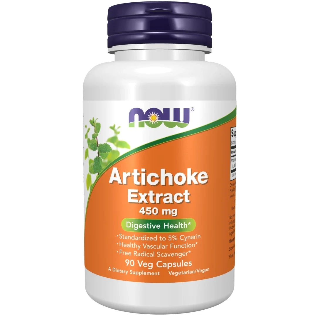 NOW Artichoke Extract 450 mg 90 caps kosttillskott i en vit burk med mörkblått lock och orange etikett., bild 1 av 1