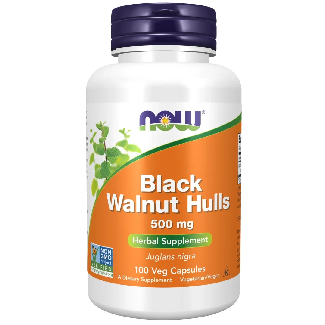 NOW Black Walnut Hulls 500 mg 100 caps förpackad i en vit burk med orange etikett och mörklila lock.