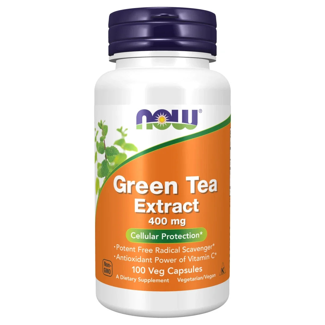 NOW Green Tea Extract 400 mg 100 caps kosttillskott i en vit burk med orange etikett och mörklila lock., bild 1 av 1