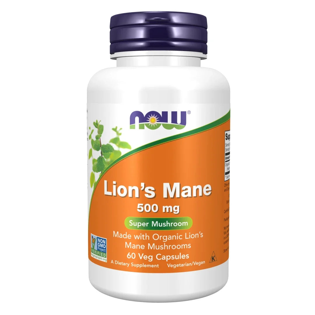 NOW Lions Mane 500 mg 60 caps i en vit burk med orange etikett och ett mörklila lock., bild 1 av 1