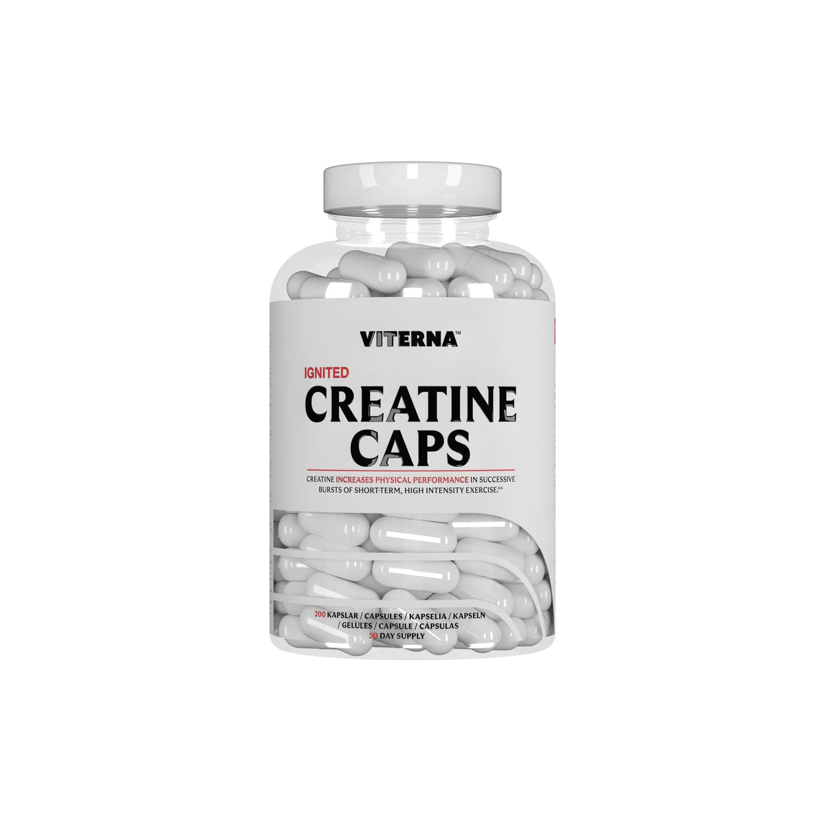 Viterna Ignited Creatine 180 caps, en transparent burk med vita kapslar och en vit etikett med röda grafiska detaljer., bild 1 av 1