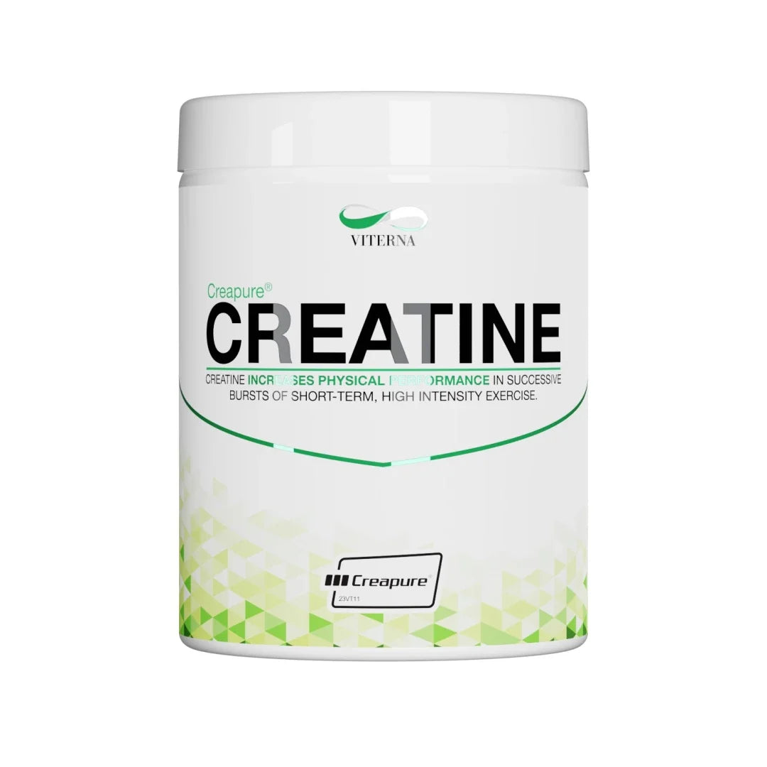Viterna Creapure 300 g kreatinpulver i en vit burk med gröna geometriska detaljer., bild 1 av 1