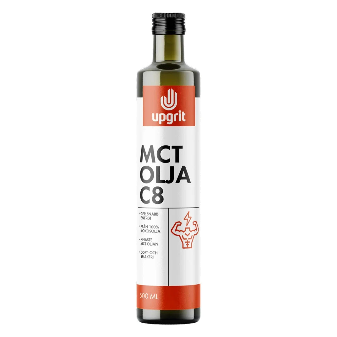 Upgrit C8 MCT-olja 500 ml i en mörk glasflaska med vit etikett och orange detaljer., bild 1 av 1