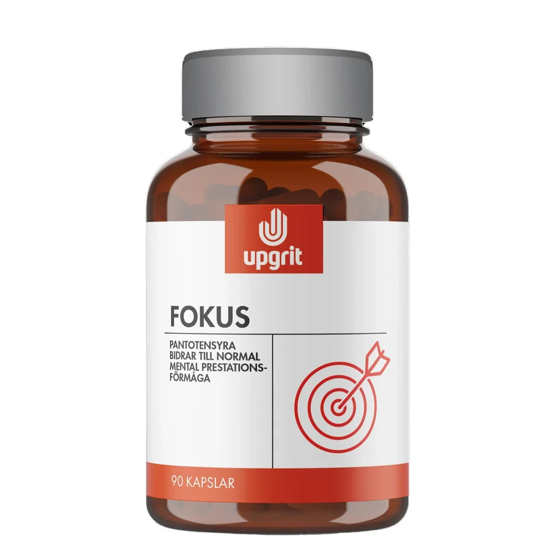 Upgrit Fokus 90 caps kosttillskott i en brun burk med grått lock, vit etikett och röd måltavla., bild 1 av 1