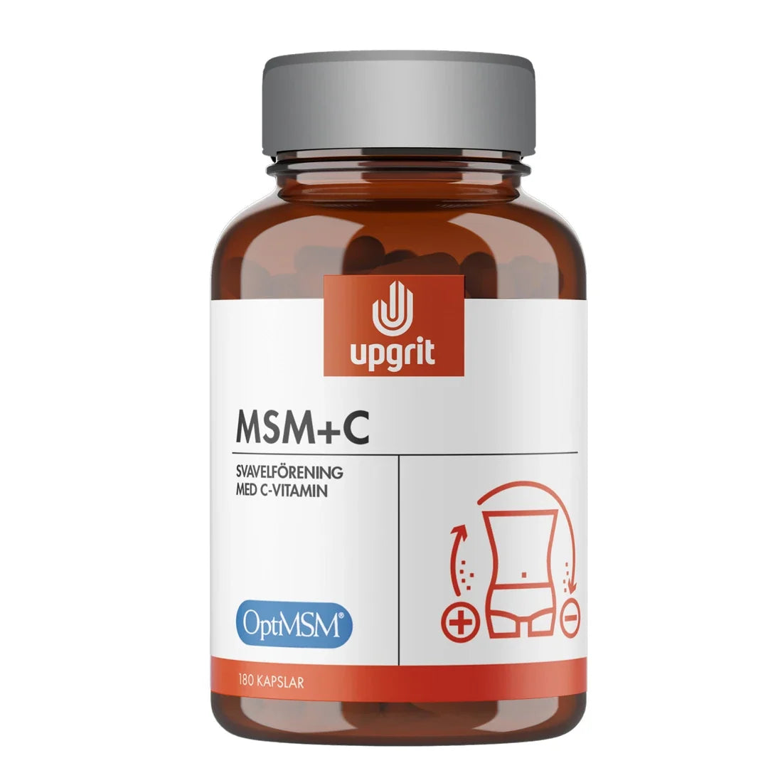 Upgrit MSM + C 180 caps förpackad i en brun plastburk med vit etikett och grått lock., bild 1 av 1