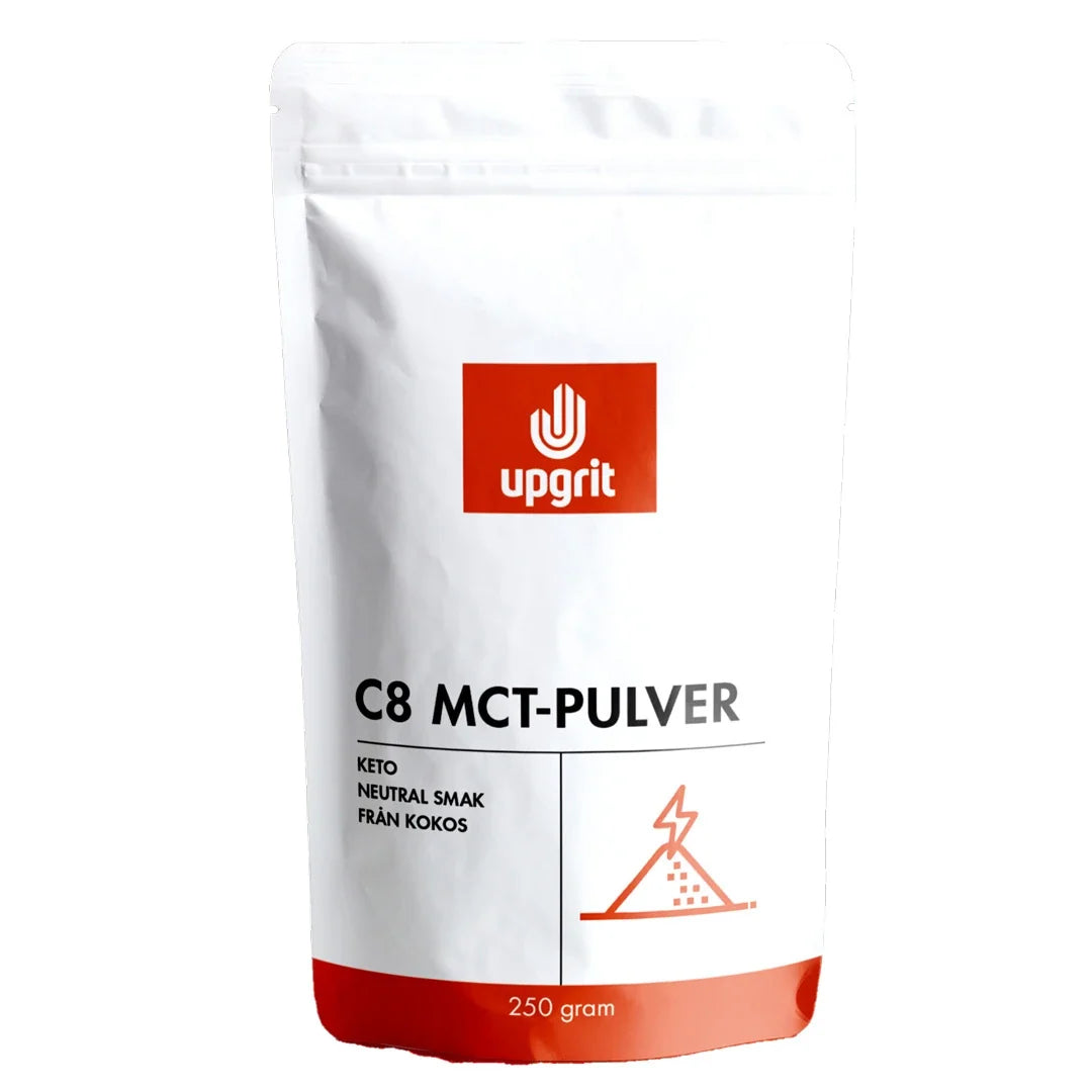 Upgrit C8 MCT-pulver 250 g förpackad i en stilren vit påse med röda detaljer., bild 1 av 1