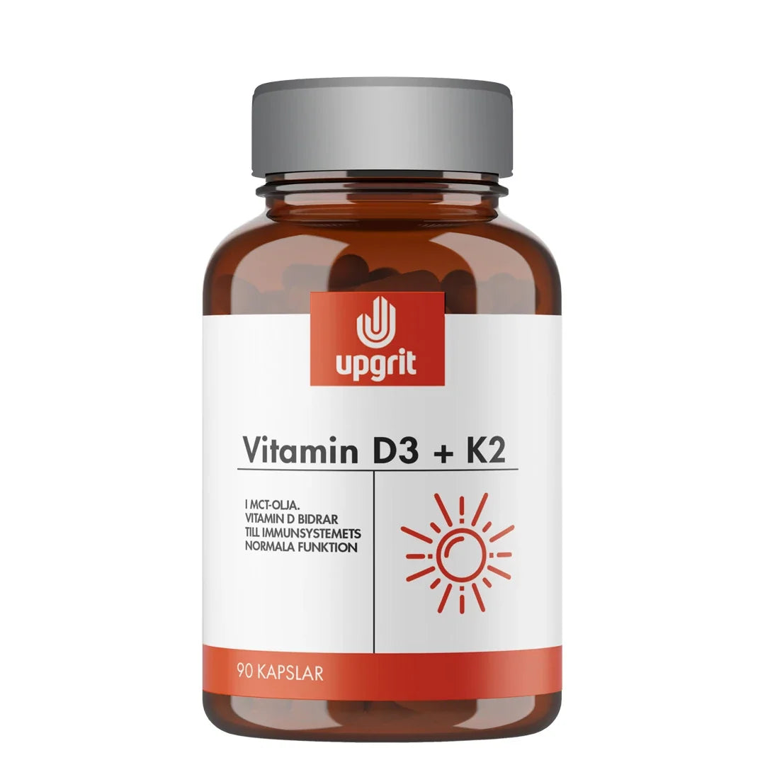 Upgrit Vitamin D3 + K2 90 caps i en brun burk med silverfärgat lock, vit etikett och en röd solsymbol., bild 1 av 1