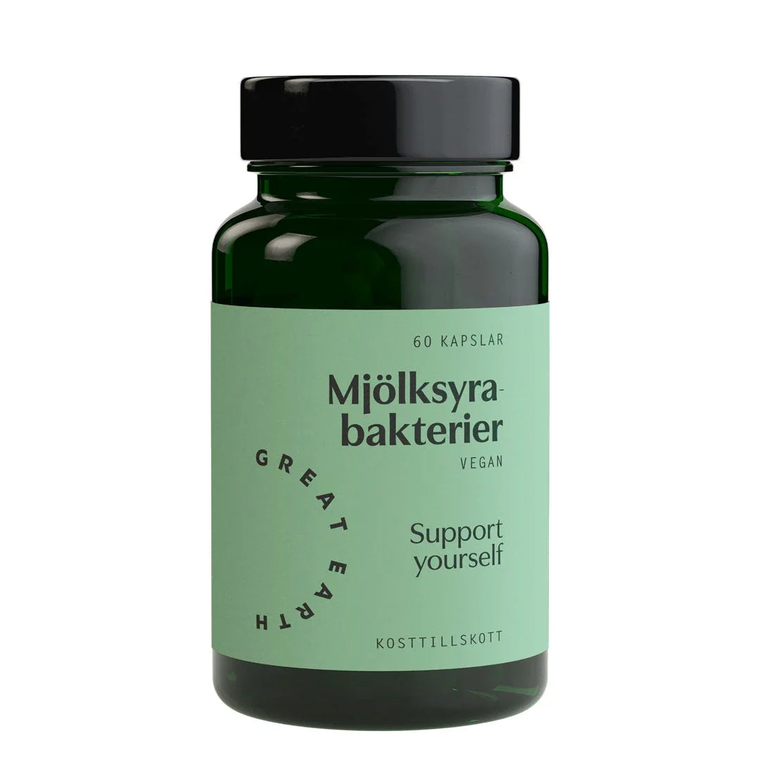 Great Earth Mjölksyrabakterier 60 caps kosttillskott i en mörkgrön plastburk med ljusgrön etikett., bild 1 av 1