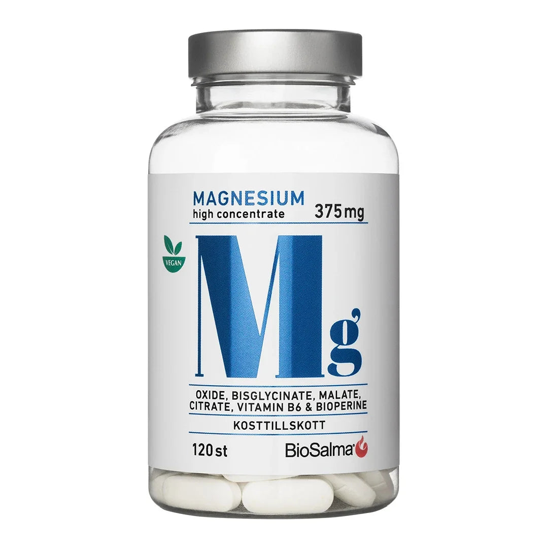 BioSalma Magnesium 375 mg 120 tabs i en transparent burk med vit etikett och blå text., bild 1 av 1