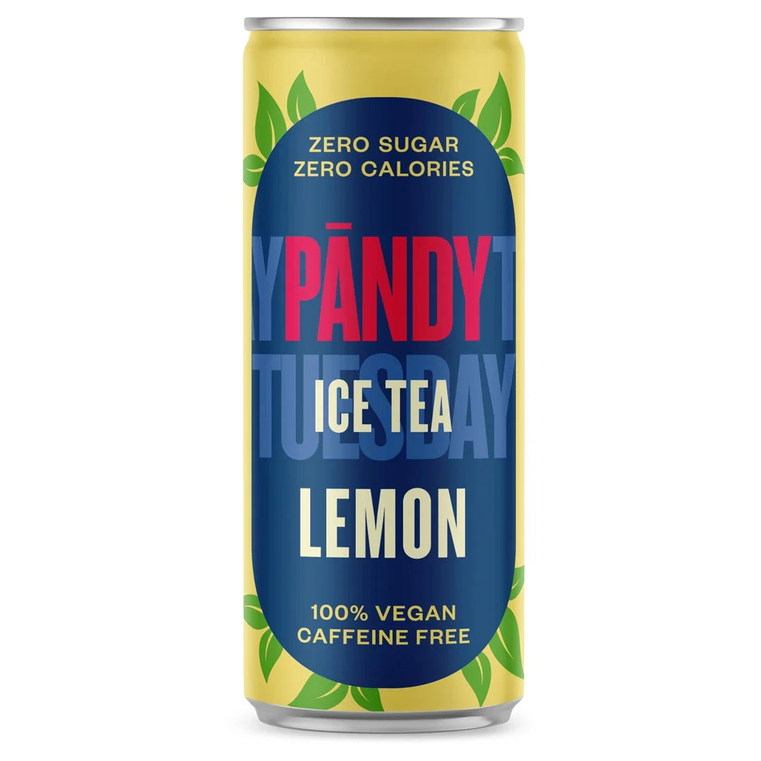 Pändy Ice Tea 330 ml sockerfritt iste i en gul och blå burk med gröna detaljer för smaken Lemon.
