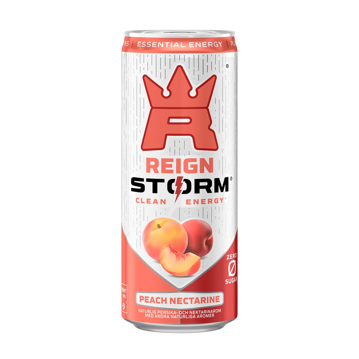 Reign Storm Energy 355 ml energidryck i en vit burk med röda detaljer för smaken Peach Nectarine.