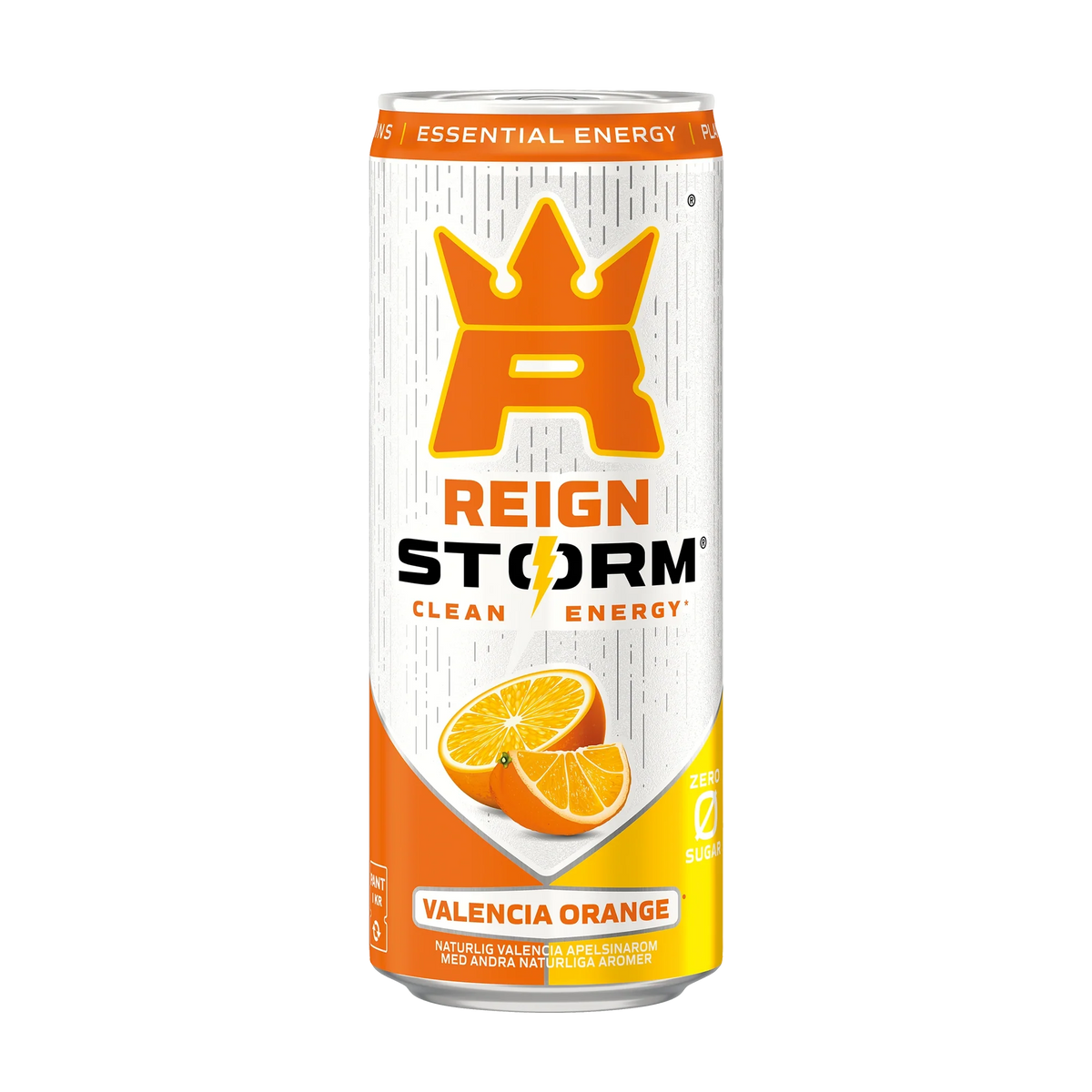 Reign Storm Energy 355 ml i en vit och orange burk med motiv av apelsiner för smaken Valencia Orange., bild 2 av 5