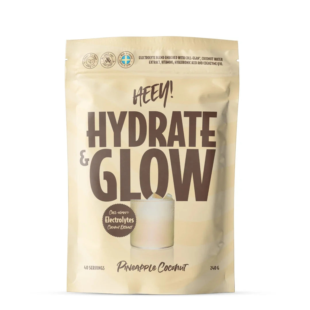 Heey! Elektrolyter + Coll-egan® 240 g elektrolytpulver i en beige påse med smaken Pineapple Coconut.
