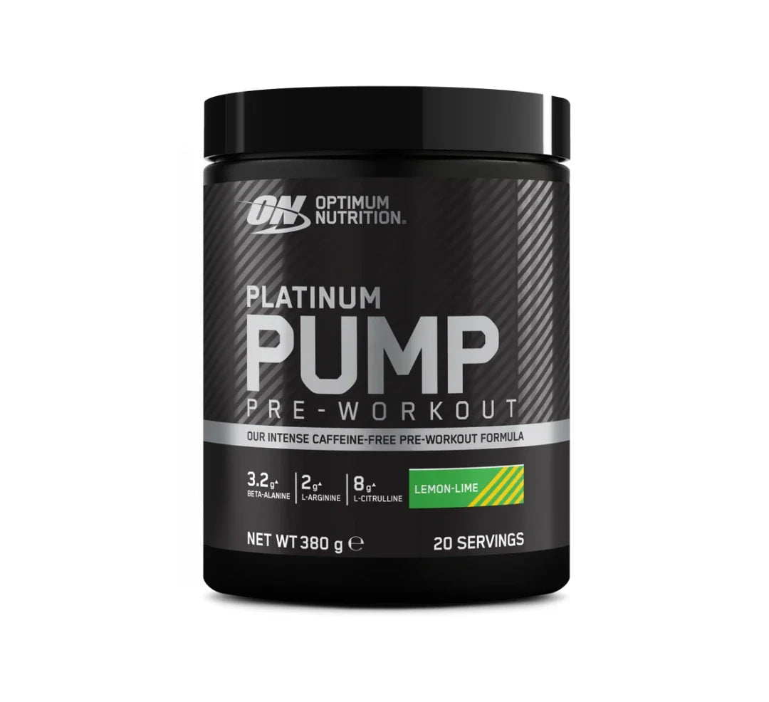 Optimum Nutrition Platinum PWO Pump 380 g koffeinfritt pulver i en svart burk för smaken Lemon Lime., bild 2 av 2