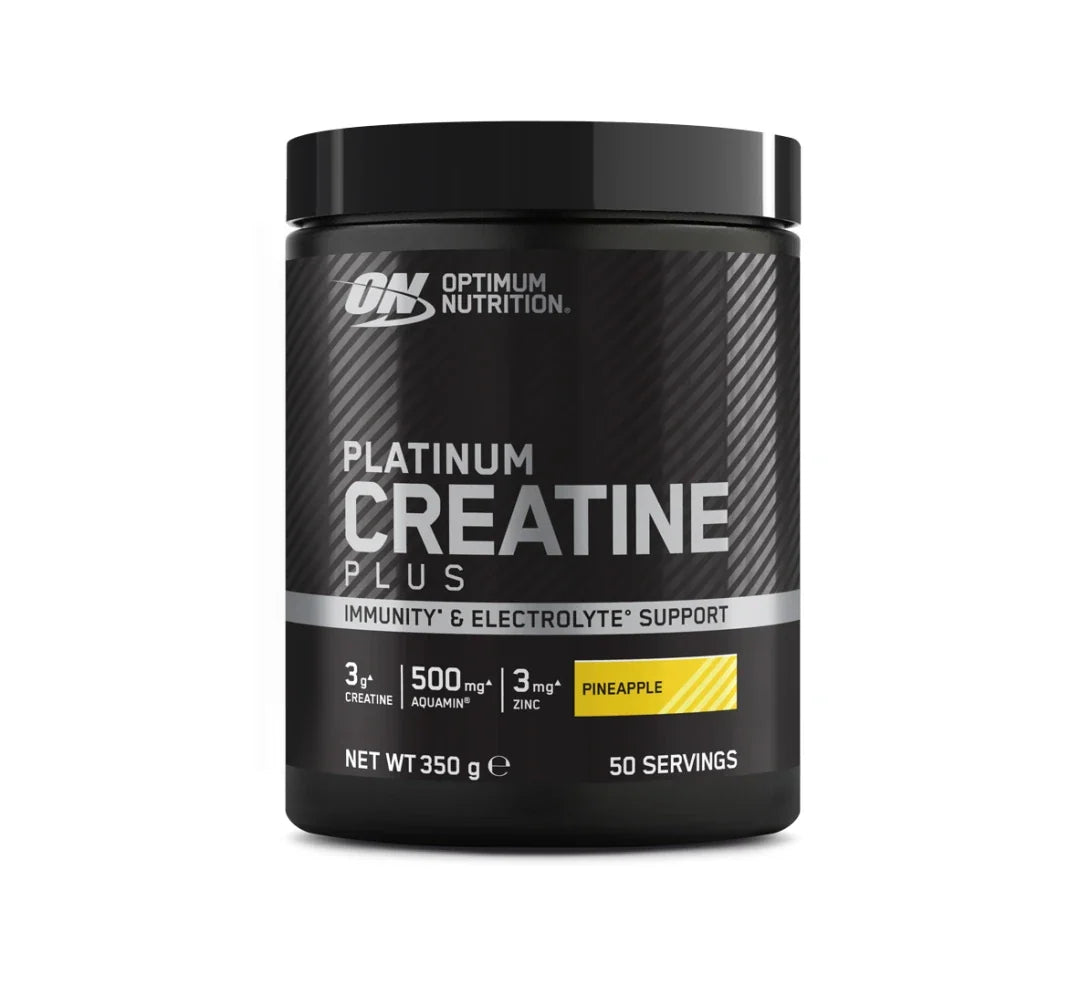 Optimum Nutrition Platinum Creatine Plus 350 g i en svart burk med silvriga och gula detaljer för smaken Pineapple.