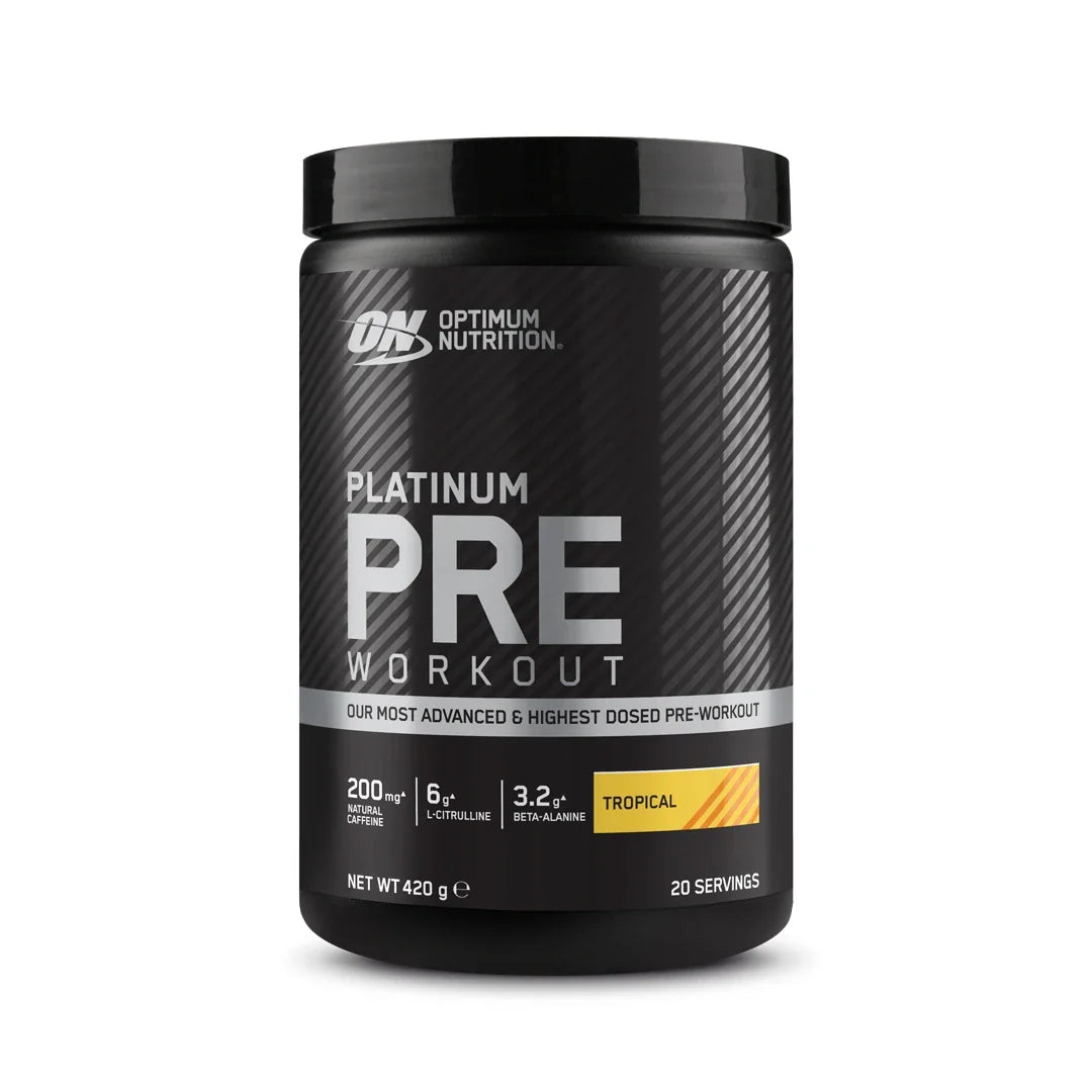 Optimum Nutrition Platinum Pre-Workout 420 g prestationshöjare i en svart burk med silverdetaljer för smaken Tropical., bild 3 av 3