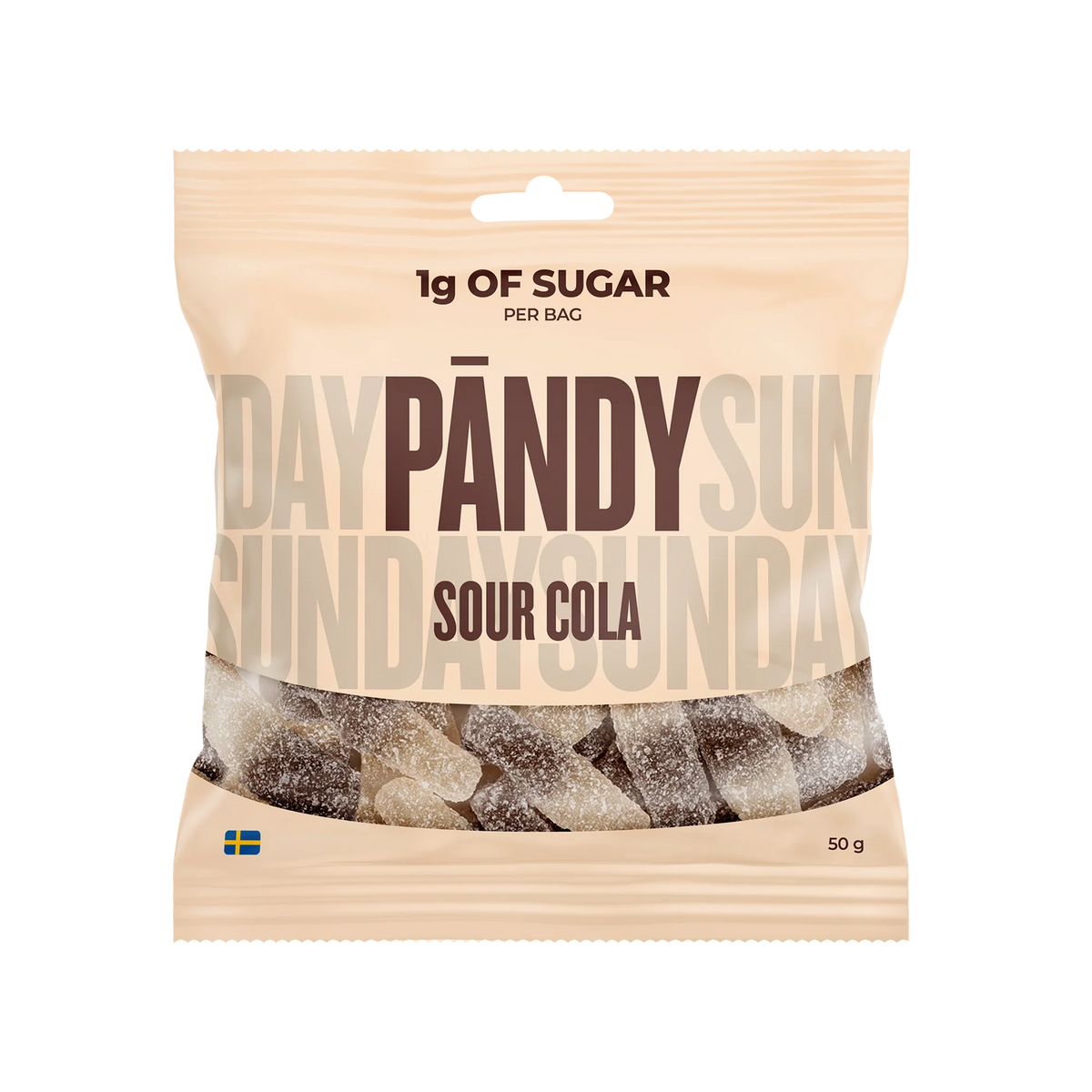Pändy Candy Sour Cola 50 g syrliga colanappar i en ljus påse med brun text och transparent fönster., bild 1 av 1