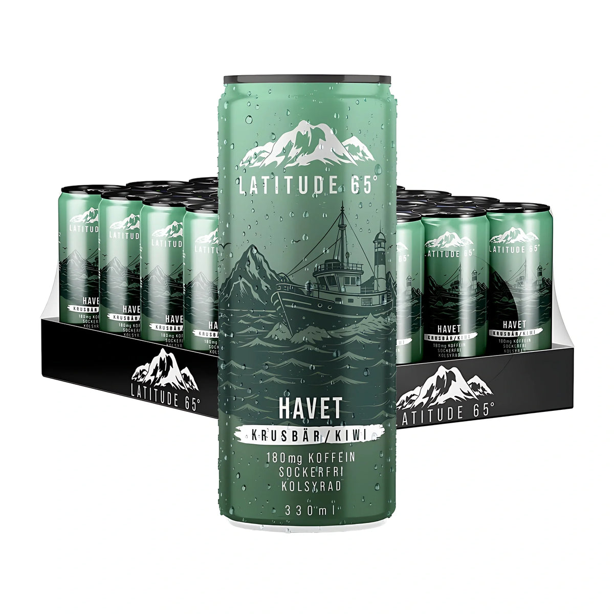 24 x Latitude 65 330 ml Havet - Krusbär/Kiwi energidryck i gröna burkar på en svart bricka med en burk stående i förgrunden., bild 1 av 1