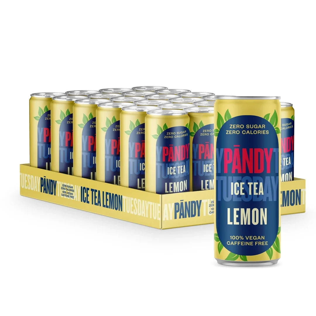 24 x Pändy Ice Tea 330 ml Lemon sockerfritt iste i ett 24-pack med gula och blå burkar med gröna detaljer.