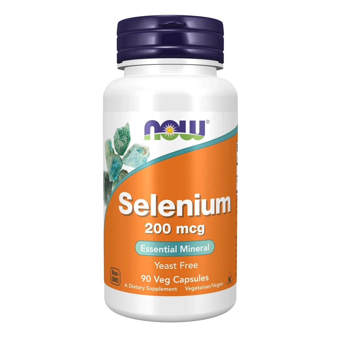 NOW Selenium 200mcg 90 vegkapslar kosttillskott, förpackad i en vit burk med orange etikett och mörkblått lock., bild 1 av 1