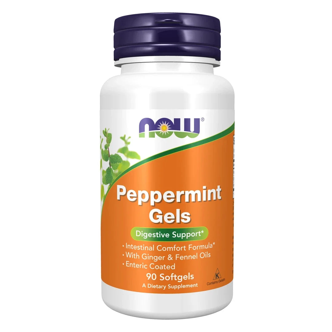 NOW Peppermint Gels 90 Softgels kosttillskott för matsmältning i en vit burk med lila lock och orange etikett.