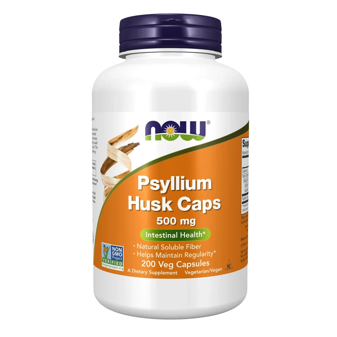 NOW Psyllium Husk Caps 500 mg 200 vegcaps kosttillskott i en vit burk med orange etikett och mörkblått lock., bild 1 av 1