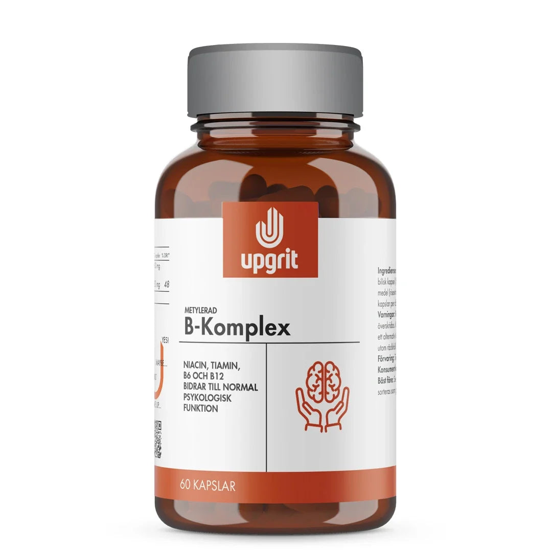 Upgrit B-Komplex 60 kapslar i en mörkbrun burk med silverlock och vit etikett med orange detaljer., bild 1 av 1