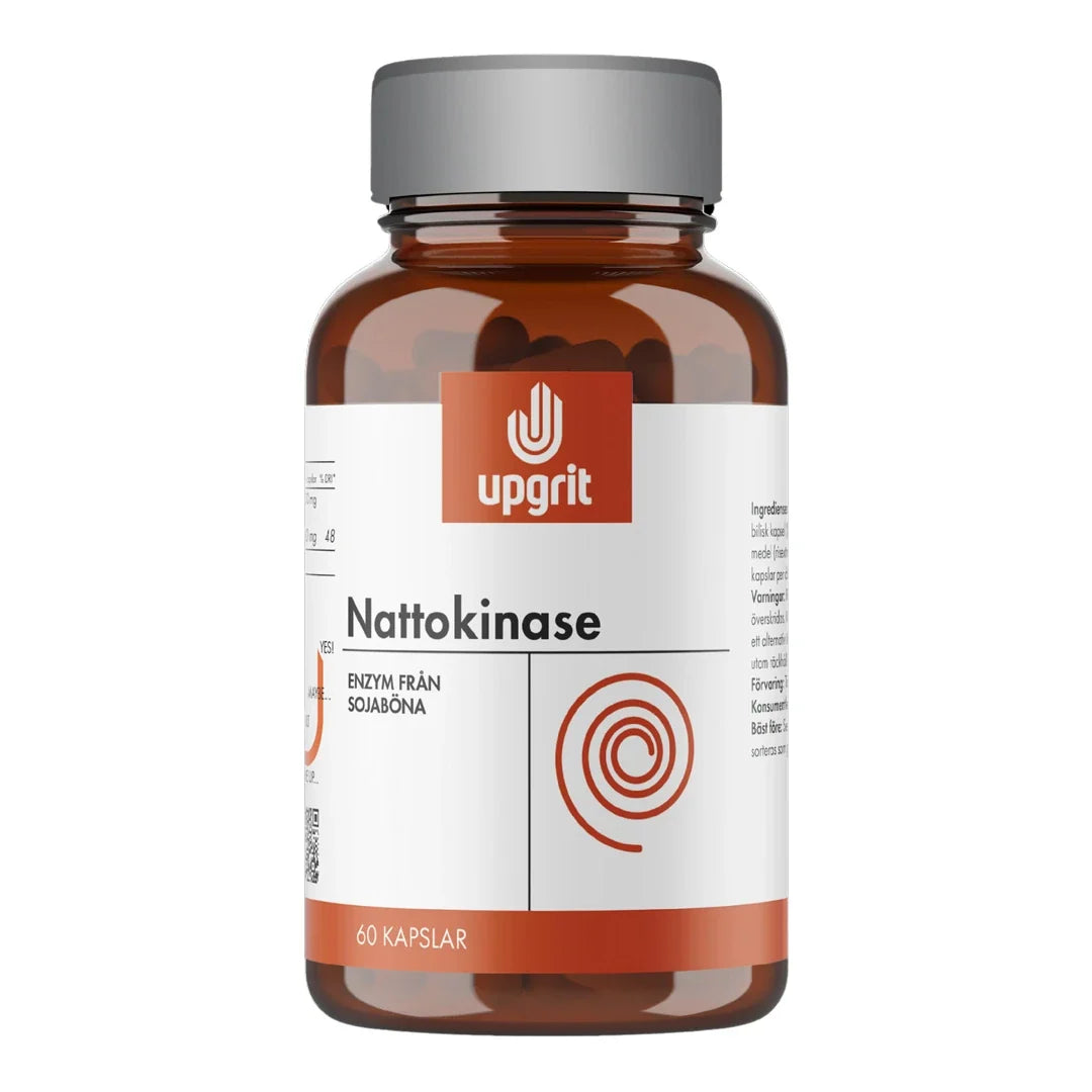 Upgrit Nattokinase 60 kapslar förpackade i en brun burk med en vit och orange etikett samt ett grått lock., bild 1 av 1