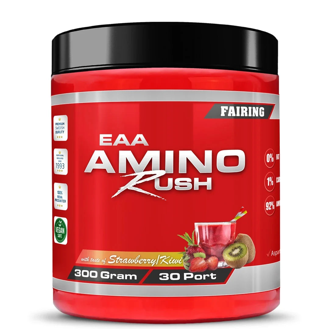 Fairing Amino Rush 300 g EAA-pulver i en röd burk med svart lock för smaken Strawberry Kiwi., bild 2 av 4