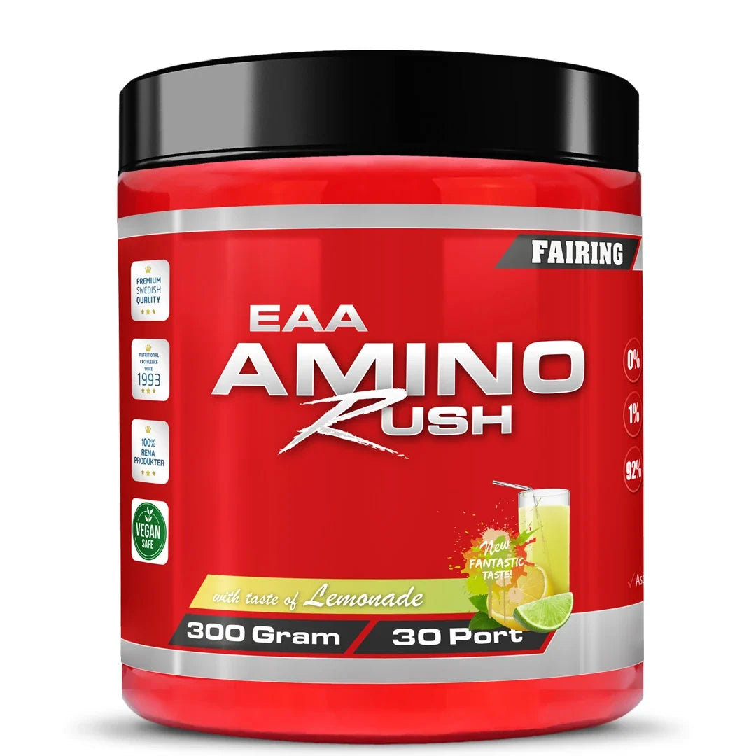 Fairing Amino Rush 300 g EAA-pulver i en röd burk med svart lock för smaken Lemonade., bild 4 av 4