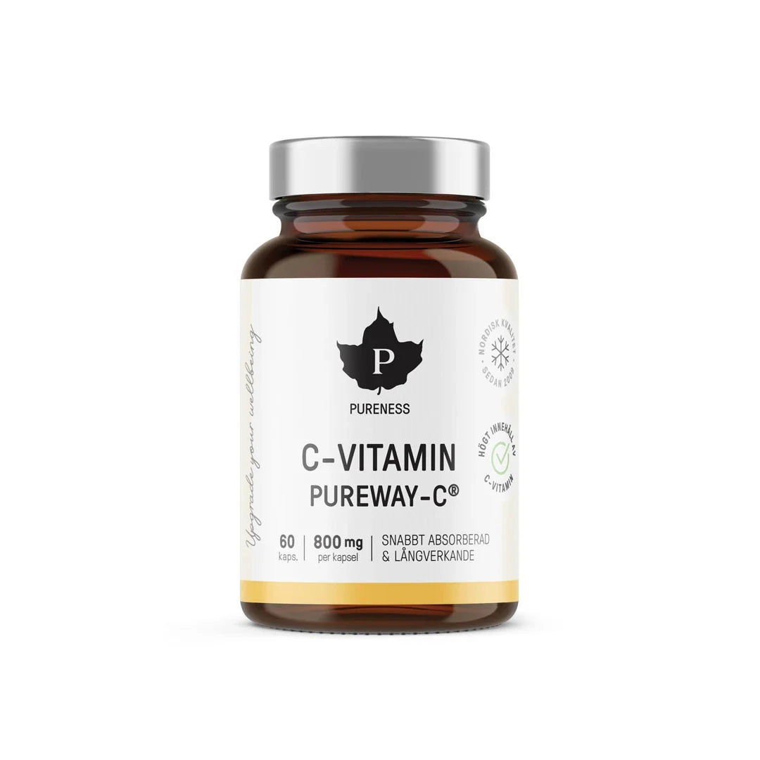 Pureness C-vitamin PUREWAY-C® 60 caps i en brun burk med vit etikett och silverfärgat lock., bild 1 av 1
