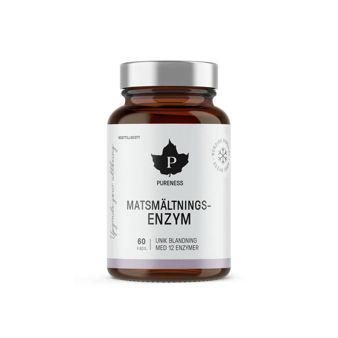 Pureness Matsmältningsenzym 60 caps i en brun burk med vit etikett och silverfärgat lock., bild 1 av 1