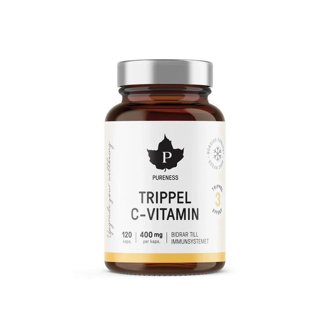 Pureness Trippel C-vitamin 120 caps kosttillskott förpackad i en mörk burk med vit etikett och silverlock.