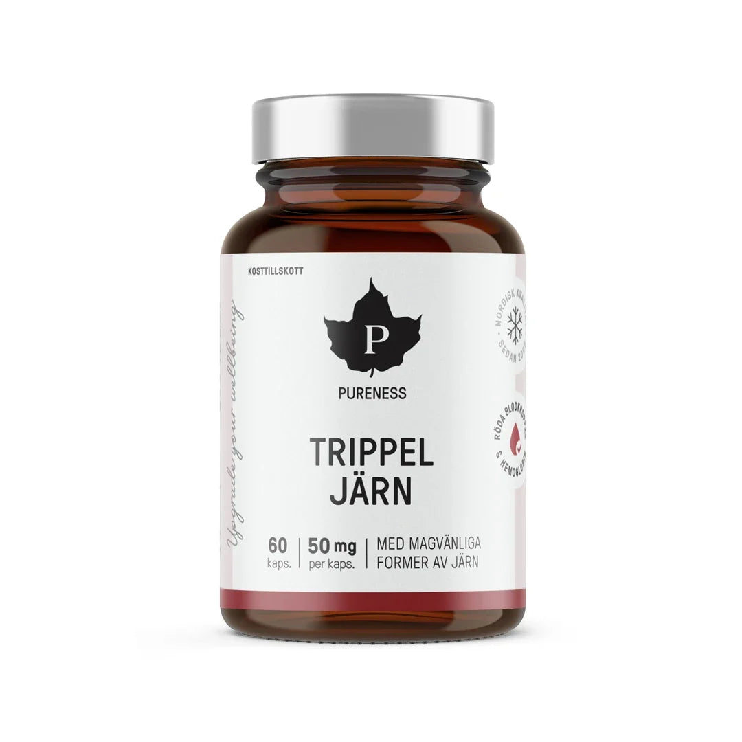 Pureness Trippel Järn 60 caps, ett järntillskott i en mörk glasburk med vit etikett och silverlock., bild 1 av 1