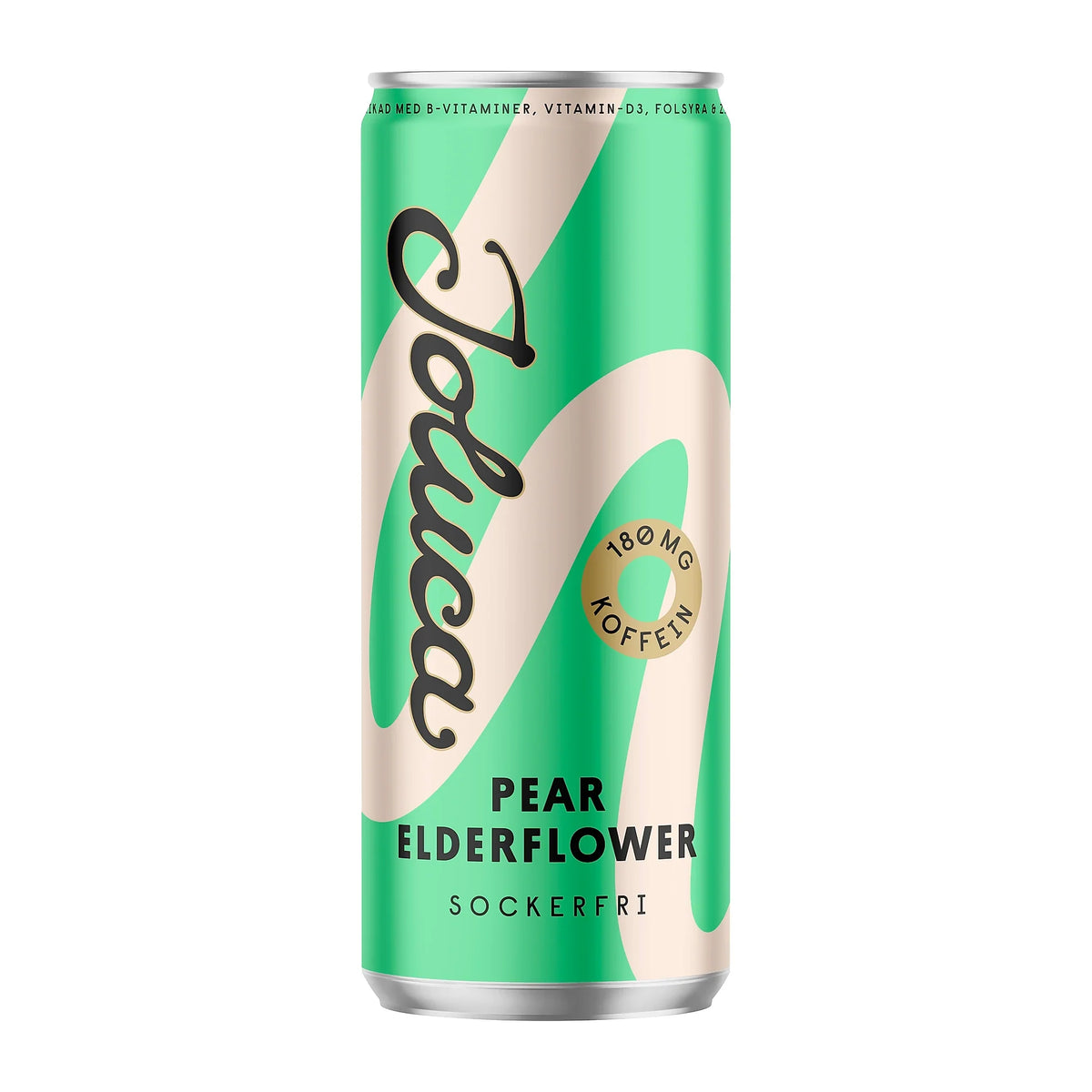 Joluca 330 ml energidryck med 180 mg koffein i en grön och beige burk för smaken Pear Elderflower.