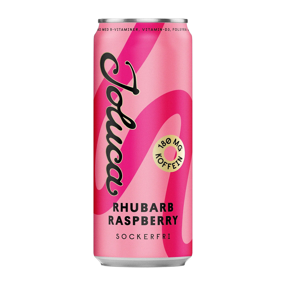 Joluca 330 ml sockerfri dryck i en rosa burk med 180 mg koffein för smaken Rhubarb Raspberry.