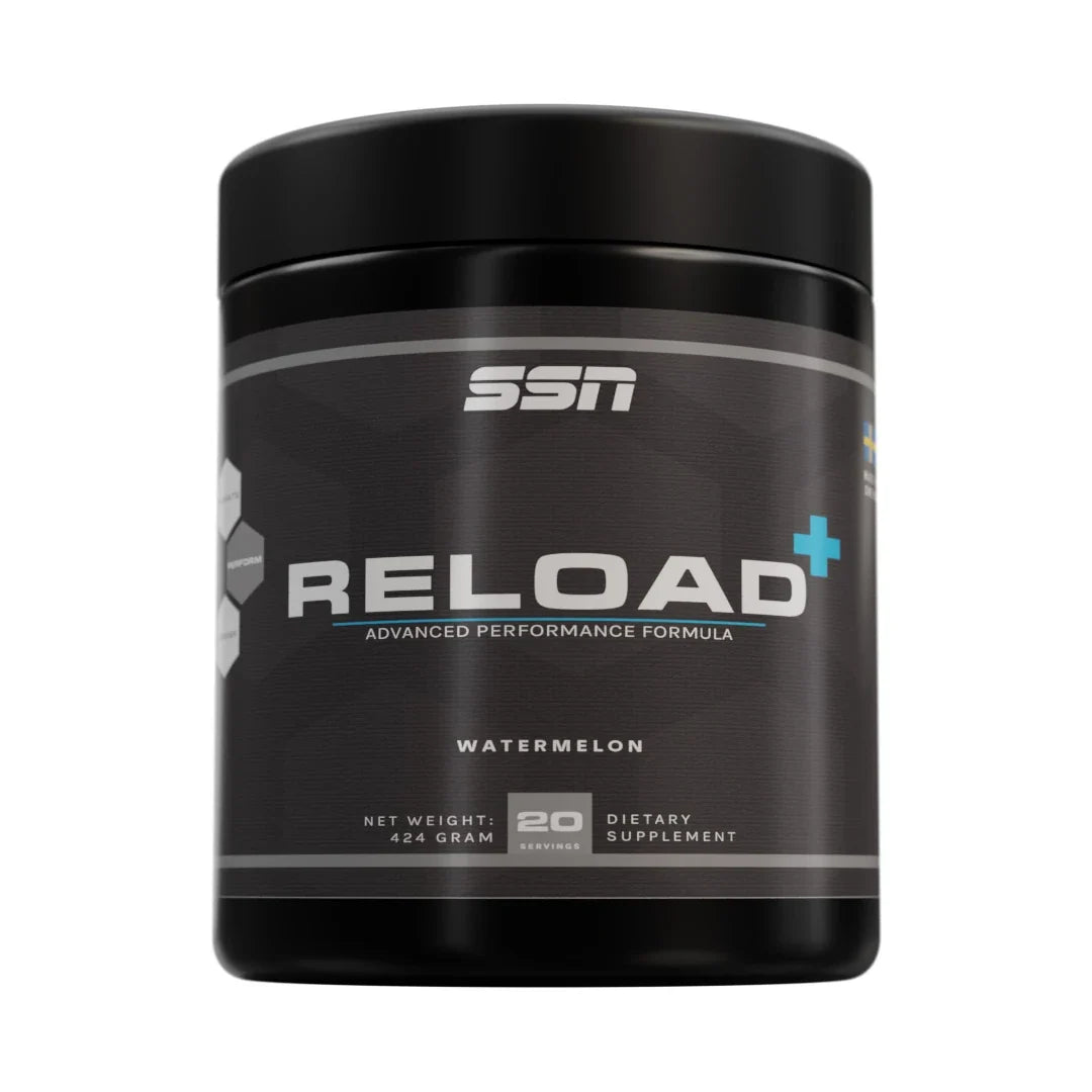 SSN Reload+ 424 g aminosyror i en svart burk med ljusblå detaljer och texten Watermelon., bild 2 av 3