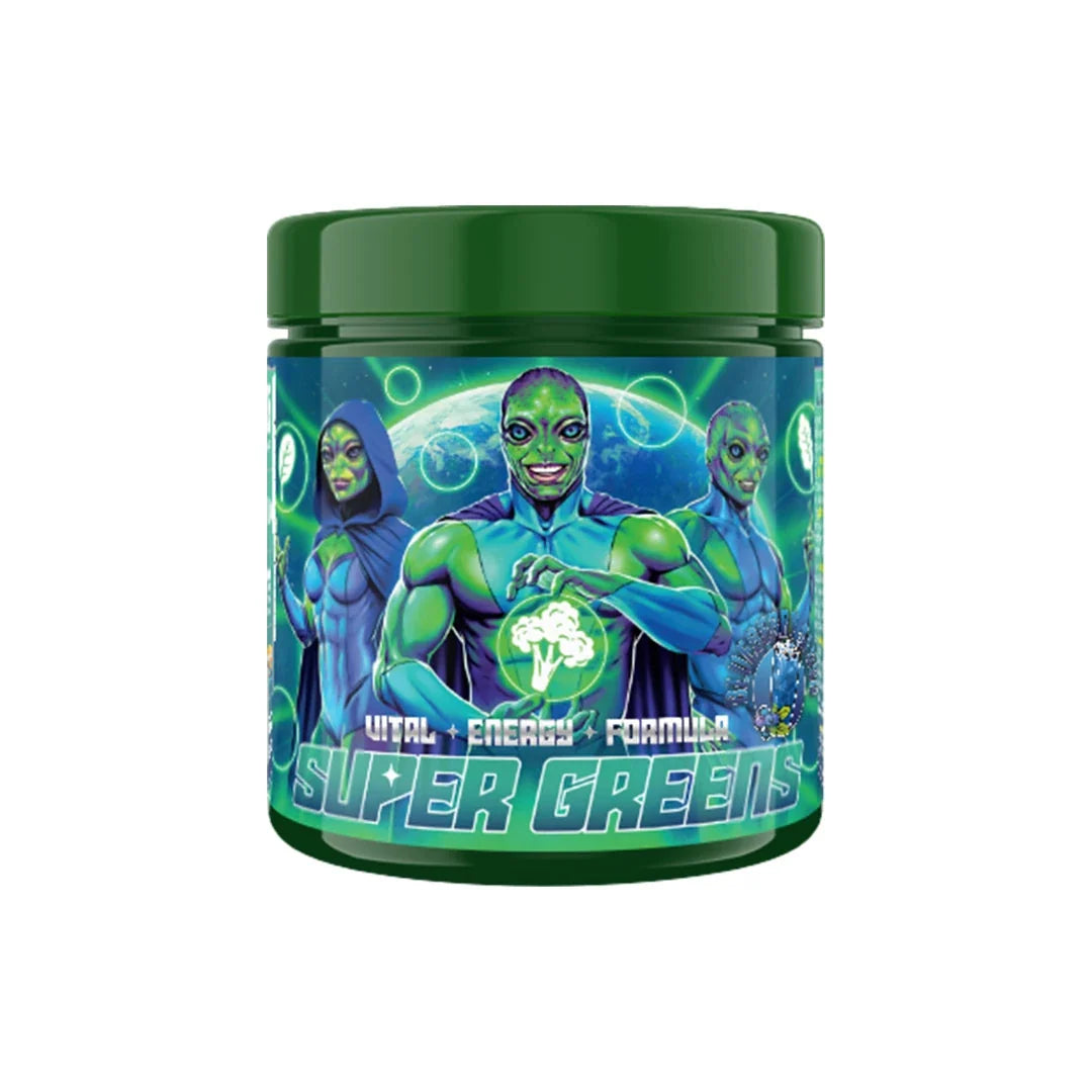 Swedish Supplements Super Greens 250 g, ett greenspulver i en mörkgrön burk med rymdmotiv på etiketten., bild 1 av 1