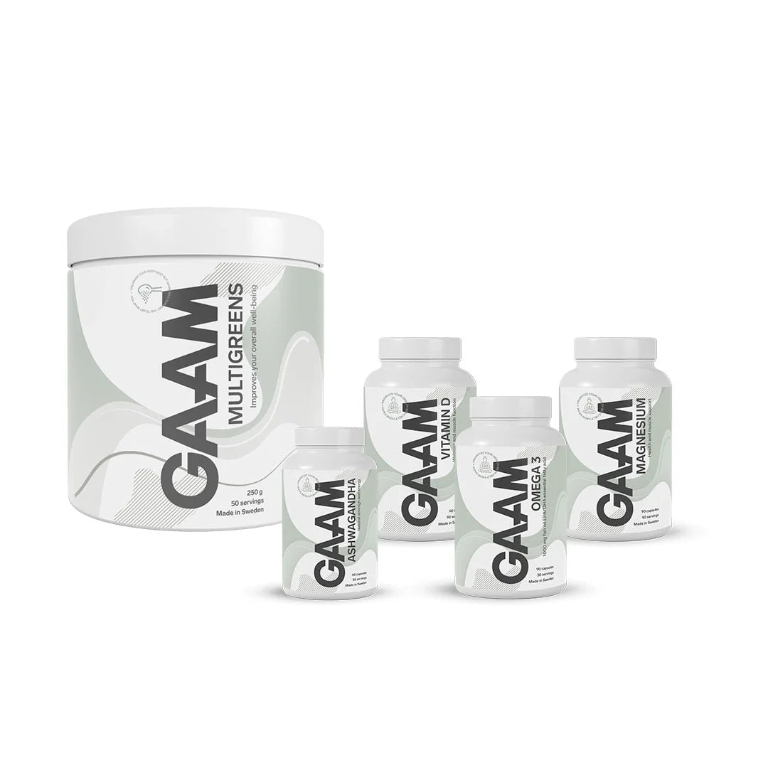 GAAM Håll dig frisk-paket bestående av fem vita burkar med grå detaljer fyllda med vitaminer och greens.