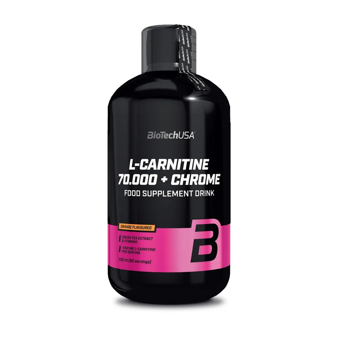 BioTechUSA L-Carnitine 70.000 + Chrome 500 ml i en svart flaska med rosa detaljer och text för smaken Orange.