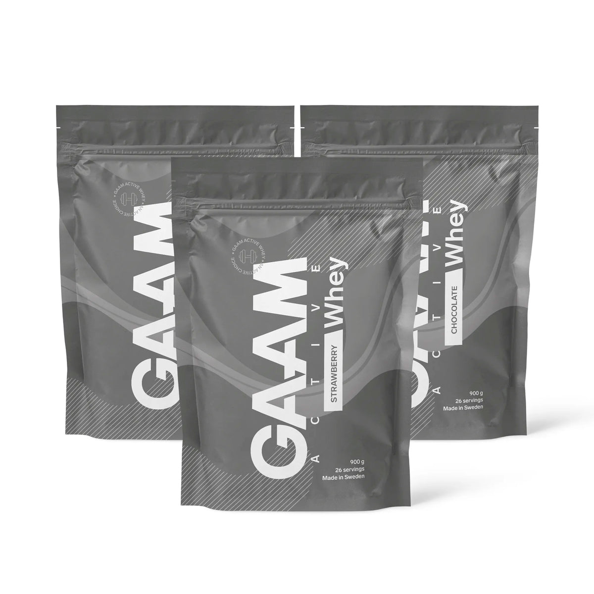 3 x GAAM Active Whey Proteinpulver 900 g i tre grå påsar med vita detaljer för olika smaker som Strawberry och Chocolate., bild 1 av 1
